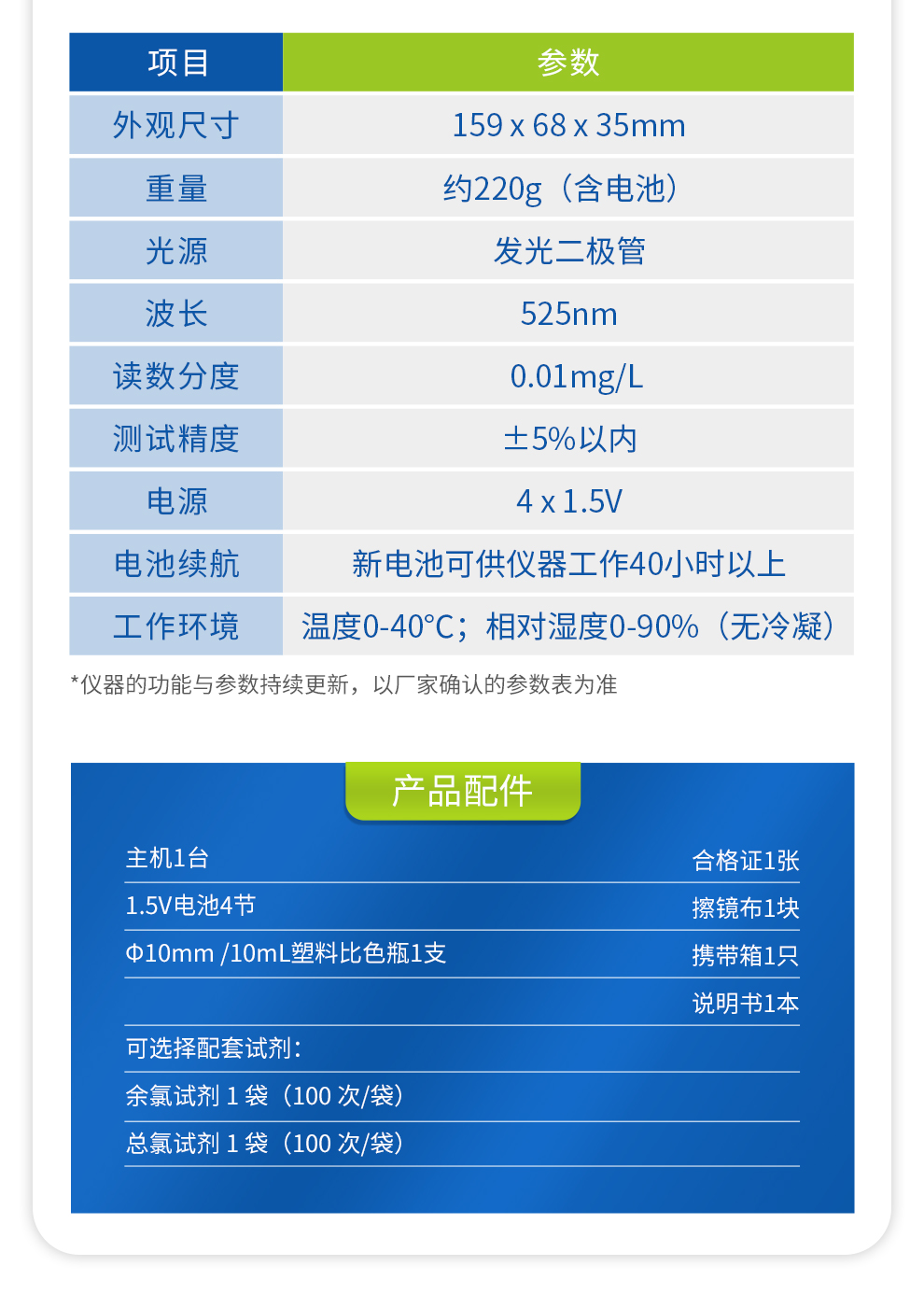 余氯/总氯比色计 0.10 -10.00mg/L HR 技术规格